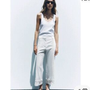 Zara Linen Blend Crochet Lace Hem Cropped Pants White Ecru Size Large